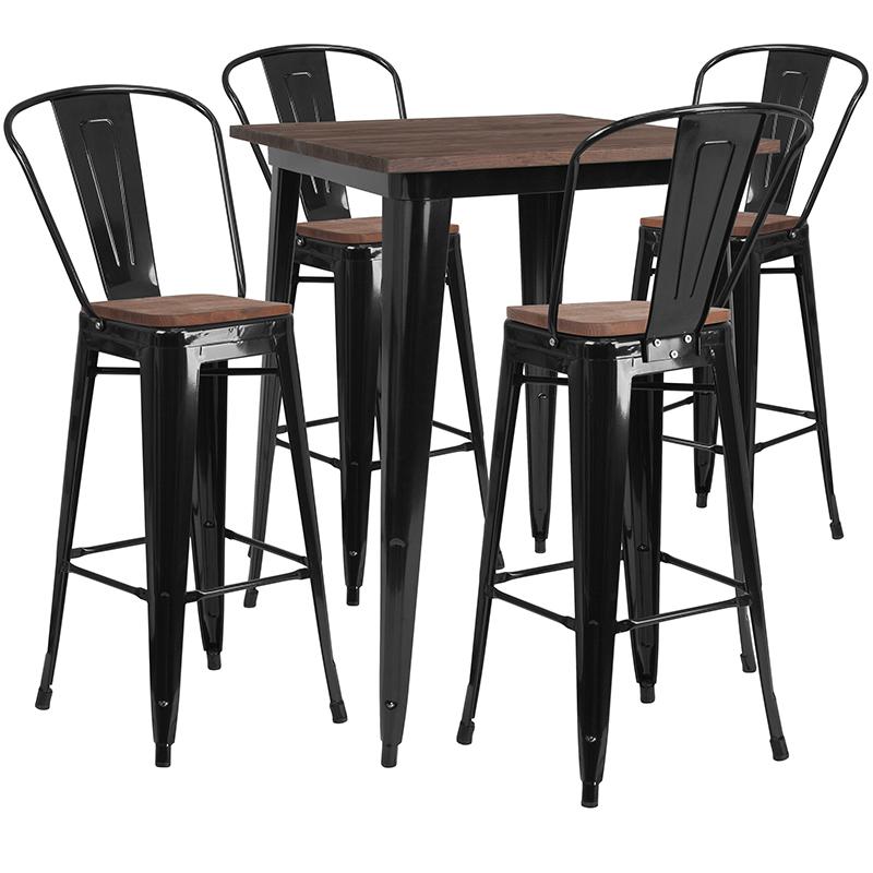 31.5" Square Black Metal Bar Table Set With Wood Top And 4 Stools By Flash Furniture | Bar Stools & Table | Modishstore - 1