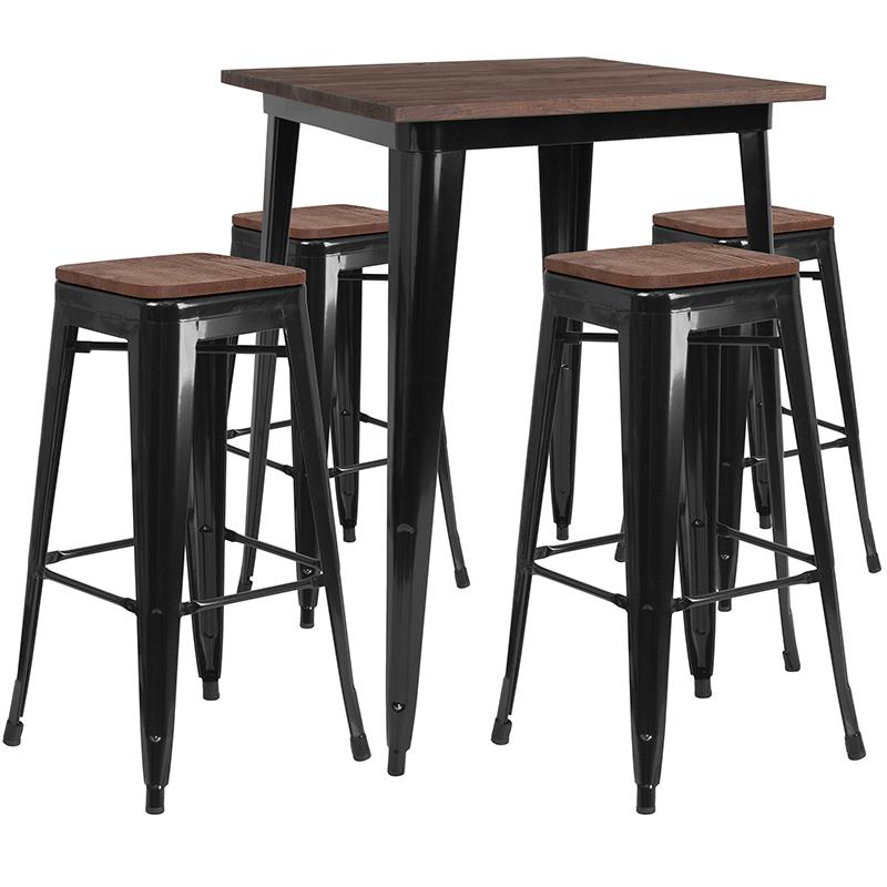 31.5" Square Black Metal Bar Table Set With Wood Top And 4 Backless Stools By Flash Furniture | Bar Stools & Table | Modishstore - 1