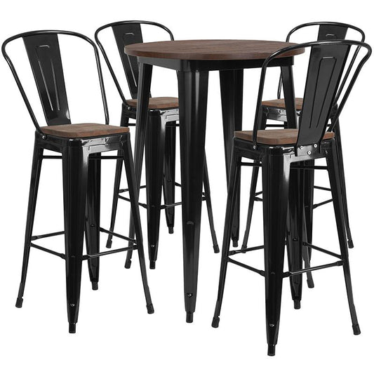 30" Round Black Metal Bar Table Set With Wood Top And 4 Stools By Flash Furniture | Bar Stools & Table | Modishstore