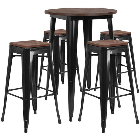 30" Round Black Metal Bar Table Set With Wood Top And 4 Backless Stools By Flash Furniture | Bar Stools & Table | Modishstore