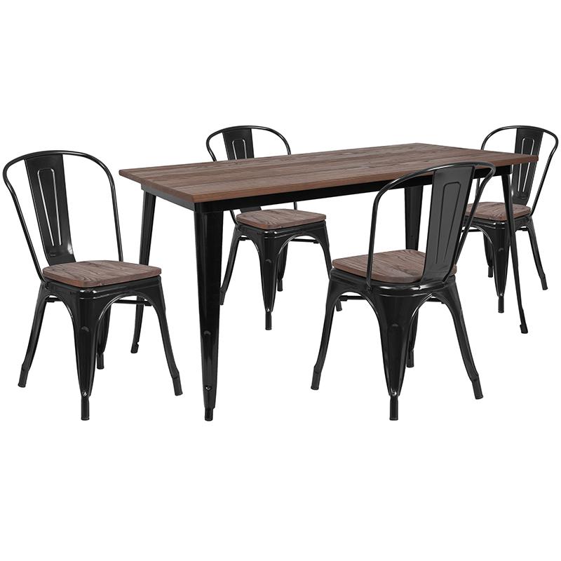 30.25" X 60" Black Metal Table Set With Wood Top And 4 Stack Chairs By Flash Furniture | Dining Sets | Modishstore - 1