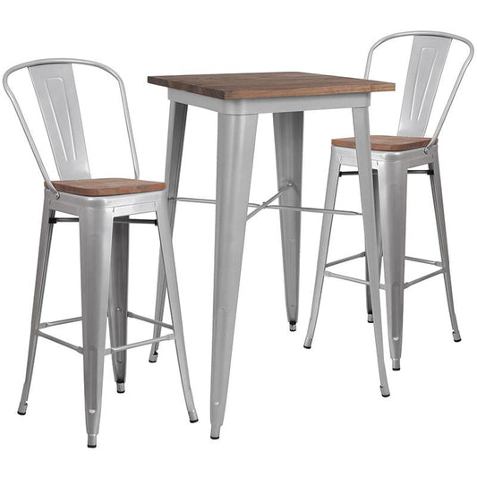 23.5" Square Silver Metal Bar Table Set With Wood Top And 2 Stools By Flash Furniture | Bar Stools & Table | Modishstore