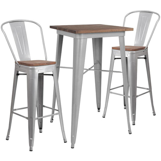 23.5" Square Silver Metal Bar Table Set With Wood Top And 2 Stools By Flash Furniture | Bar Stools & Table | Modishstore - 1