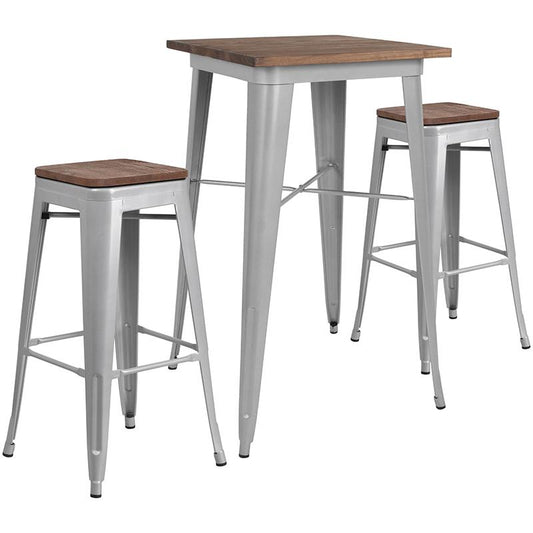 23.5" Square Silver Metal Bar Table Set With Wood Top And 2 Backless Stools By Flash Furniture | Bar Stools & Table | Modishstore - 1