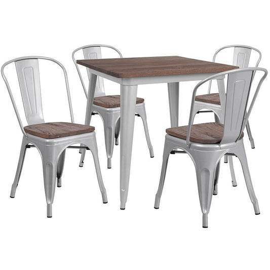 31.5" Square Silver Metal Table Set With Wood Top And 4 Stack Chairs By Flash Furniture | Dining Sets | Modishstore - 1