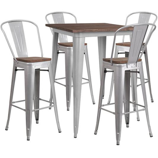 31.5" Square Silver Metal Bar Table Set With Wood Top And 4 Stools By Flash Furniture | Bar Stools & Table | Modishstore