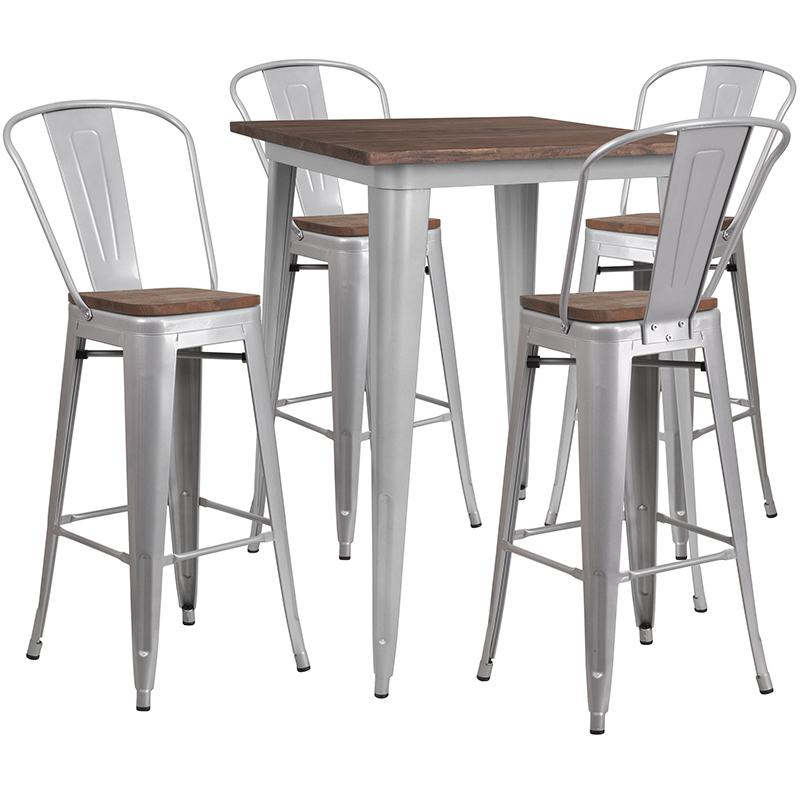 31.5" Square Silver Metal Bar Table Set With Wood Top And 4 Stools By Flash Furniture | Bar Stools & Table | Modishstore - 1