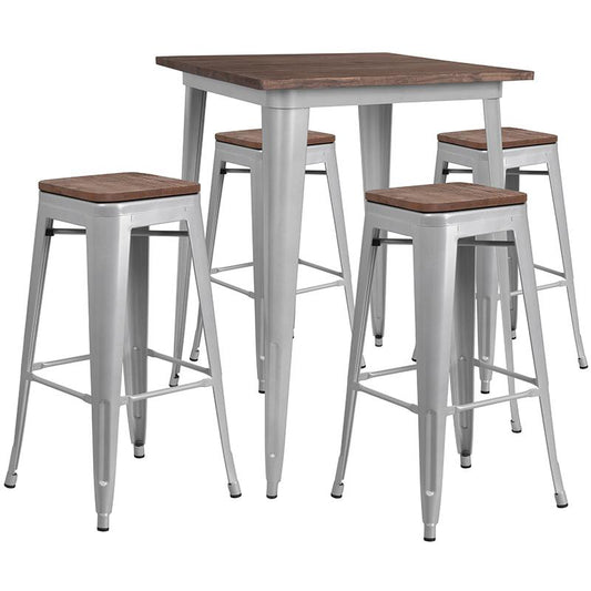 31.5" Square Silver Metal Bar Table Set With Wood Top And 4 Backless Stools By Flash Furniture | Bar Stools & Table | Modishstore