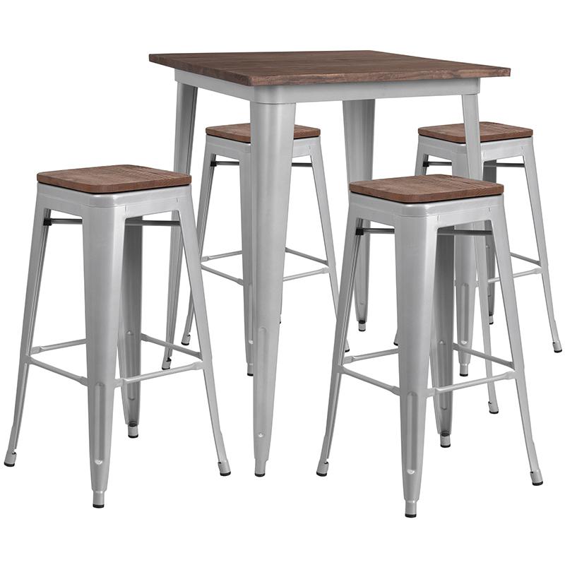 31.5" Square Silver Metal Bar Table Set With Wood Top And 4 Backless Stools By Flash Furniture | Bar Stools & Table | Modishstore - 1