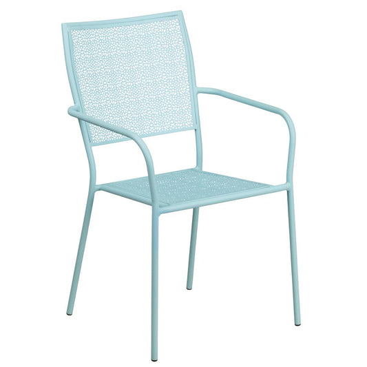 Commercial Grade Sky Blue Indoor-Outdoor Steel Patio Arm Chair With Square Back By Flash Furniture | Dining Chairs | Modishstore