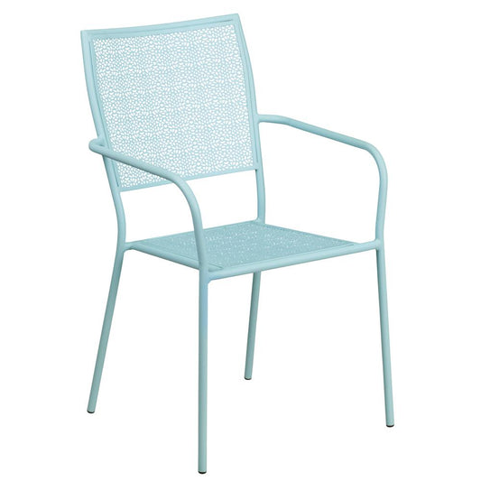 Commercial Grade Sky Blue Indoor-Outdoor Steel Patio Arm Chair With Square Back By Flash Furniture | Dining Chairs | Modishstore - 1