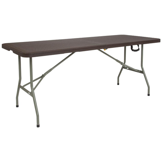 6-Foot Bi-Fold Brown Rattan Plastic Folding Table By Flash Furniture | Side Tables | Modishstore