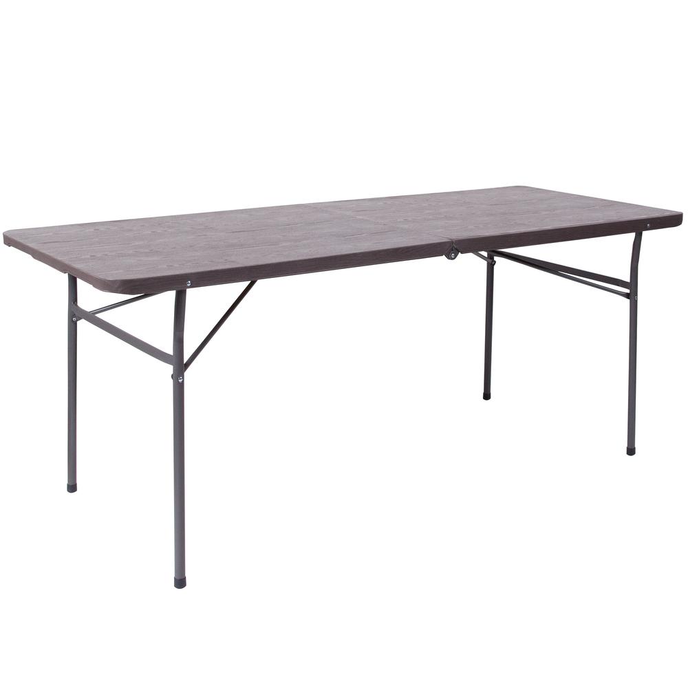 6-Foot Bi-Fold Brown Wood Grain Plastic Folding Table With Carrying Handle By Flash Furniture | Outdoor Tables | Modishstore - 1