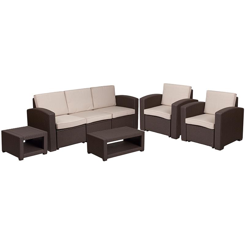5 Piece Outdoor Faux Rattan Chair, Sofa And Table Set In Chocolate Brown By Flash Furniture | Outdoor Sofas, Loveseats & Sectionals | Modishstore - 2