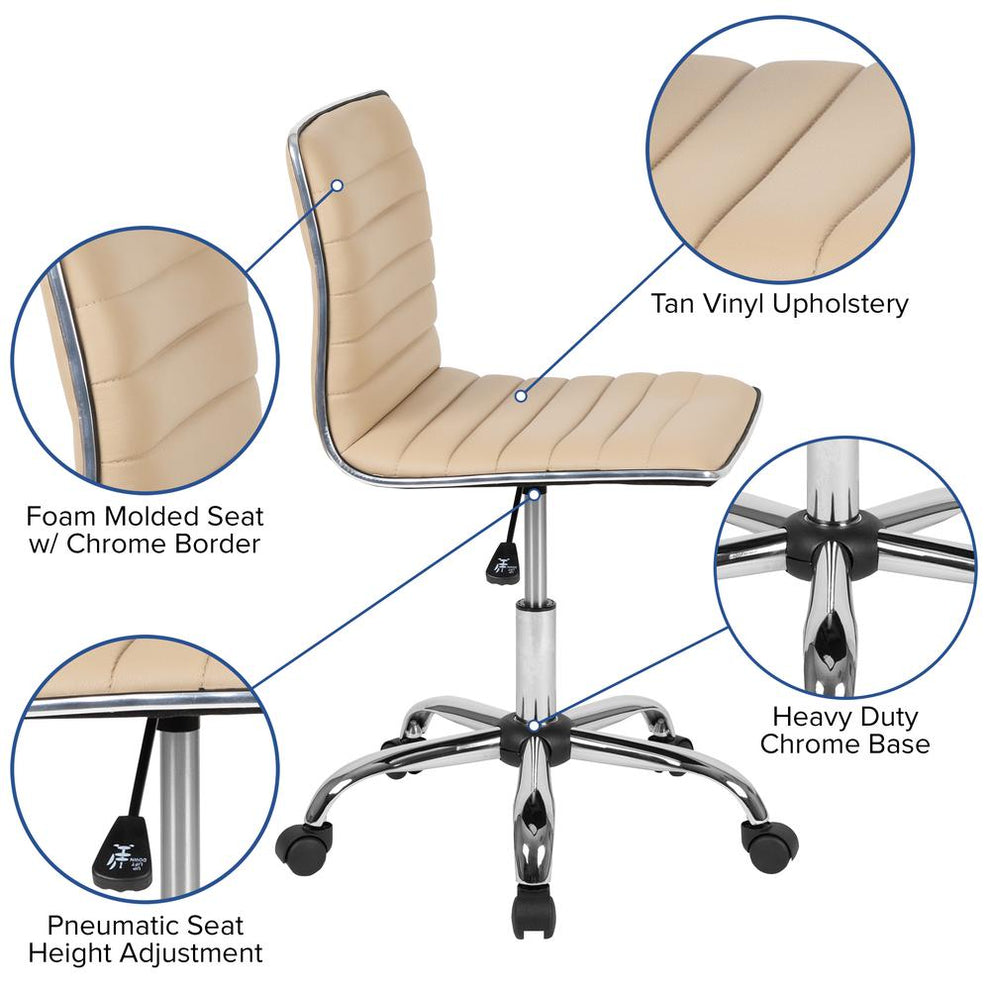 Low Back Designer Armless Tan Ribbed Swivel Task Office Chair By Flash Furniture | Office Chairs | Modishstore - 2