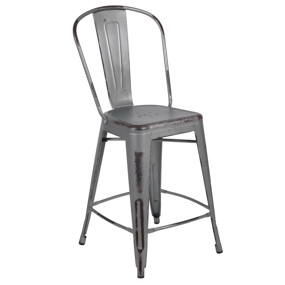 Commercial Grade 24" High Distressed Silver Gray Metal Indoor-Outdoor Counter Height Stool With Back By Flash Furniture | Bar Stools | Modishstore - 1