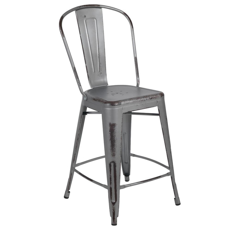 Commercial Grade 24" High Distressed Silver Gray Metal Indoor-Outdoor Counter Height Stool With Back By Flash Furniture | Bar Stools | Modishstore - 1