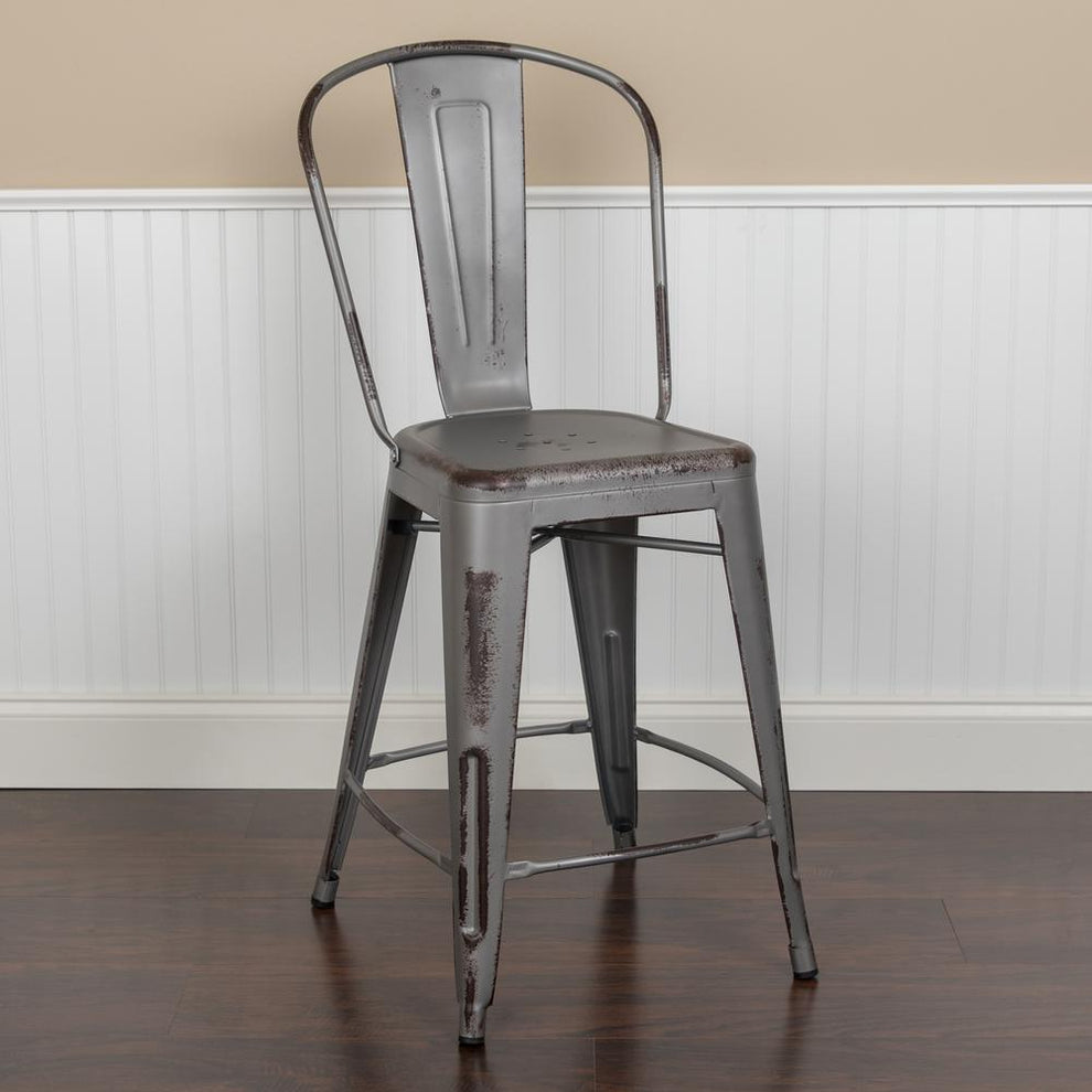 Commercial Grade 24" High Distressed Silver Gray Metal Indoor-Outdoor Counter Height Stool With Back By Flash Furniture | Bar Stools | Modishstore - 2