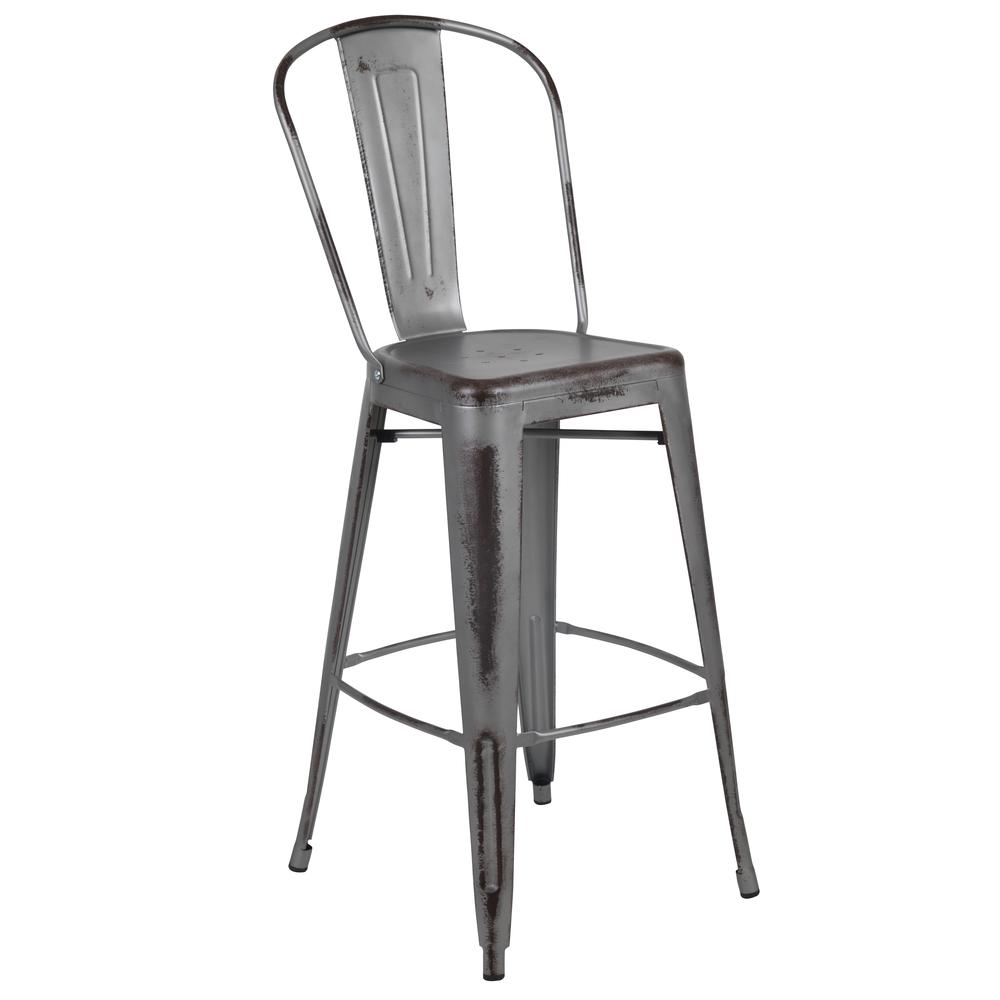 Commercial Grade 30" High Distressed Silver Gray Metal Indoor-Outdoor Barstool With Back By Flash Furniture | Bar Stools | Modishstore - 1