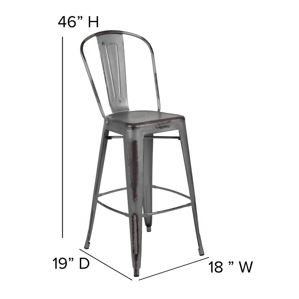 Commercial Grade 30" High Distressed Silver Gray Metal Indoor-Outdoor Barstool With Back By Flash Furniture | Bar Stools | Modishstore - 4