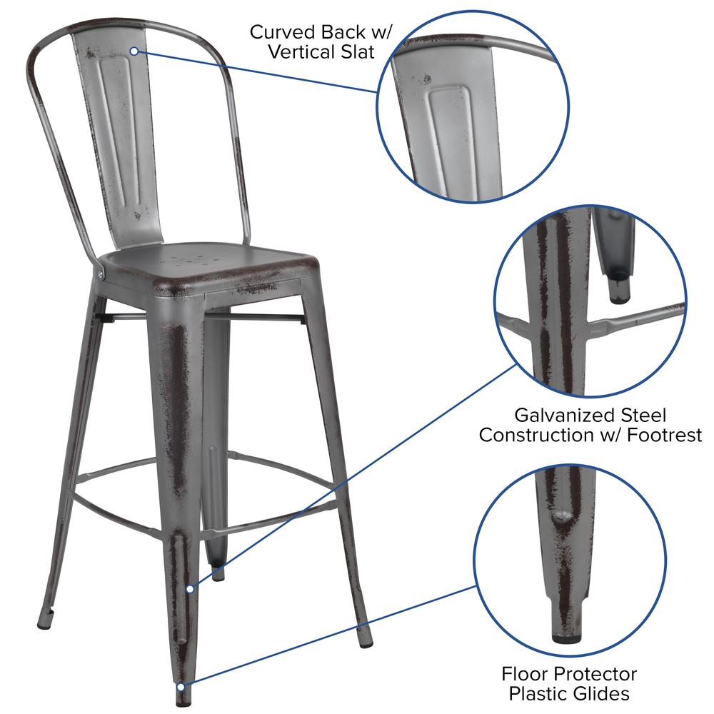Commercial Grade 30" High Distressed Silver Gray Metal Indoor-Outdoor Barstool With Back By Flash Furniture | Bar Stools | Modishstore - 3