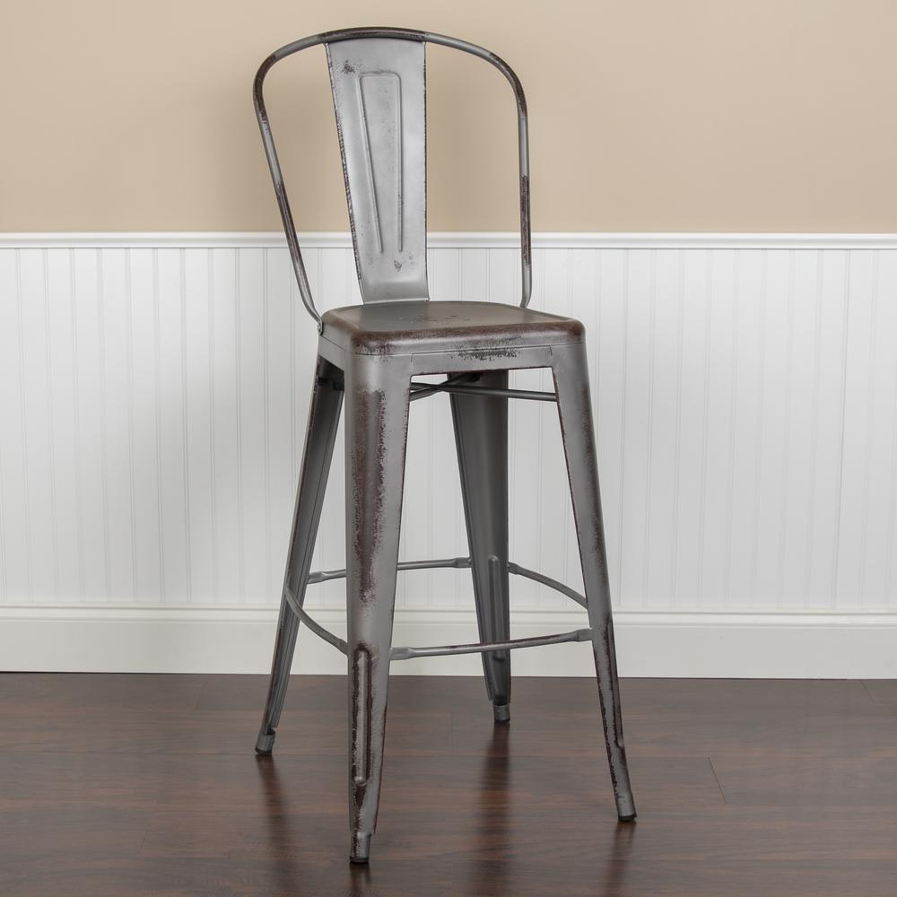 Commercial Grade 30" High Distressed Silver Gray Metal Indoor-Outdoor Barstool With Back By Flash Furniture | Bar Stools | Modishstore - 2
