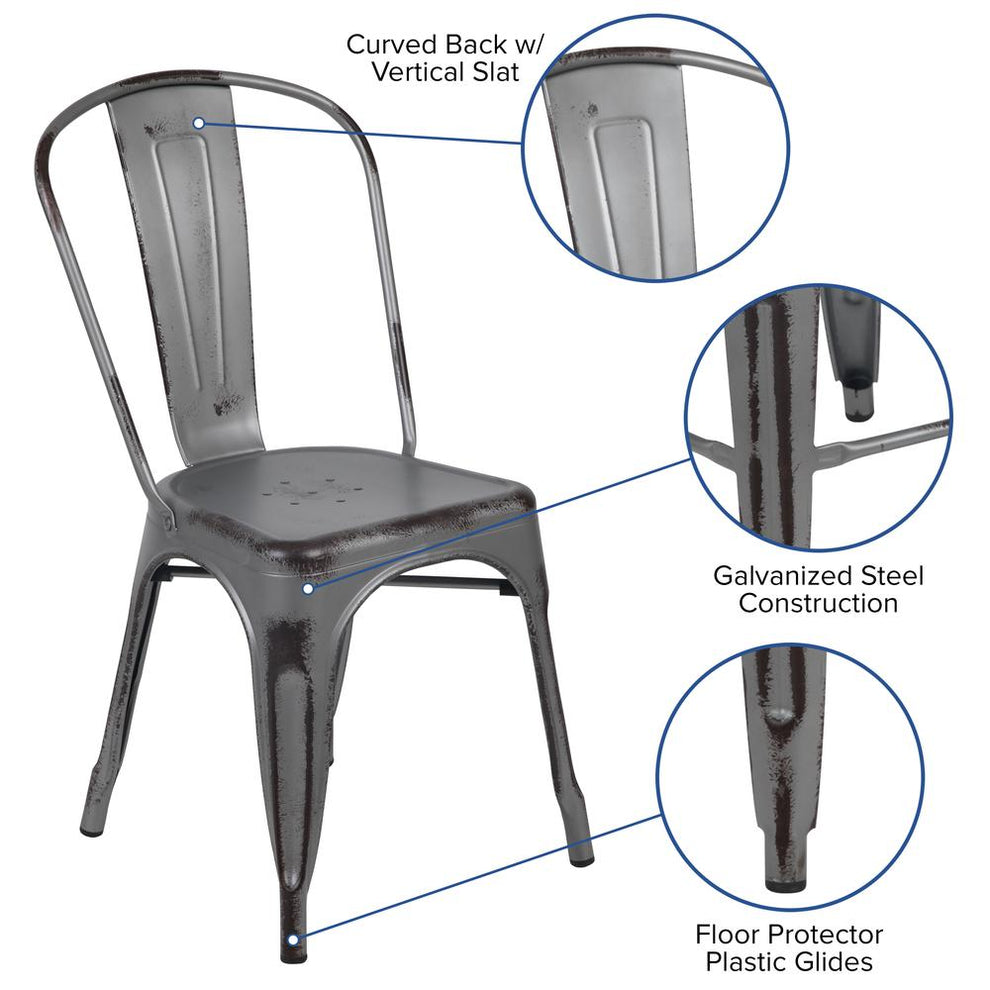 Commercial Grade Distressed Silver Gray Metal Indoor-Outdoor Stackable Chair By Flash Furniture | Bar Stools | Modishstore - 3