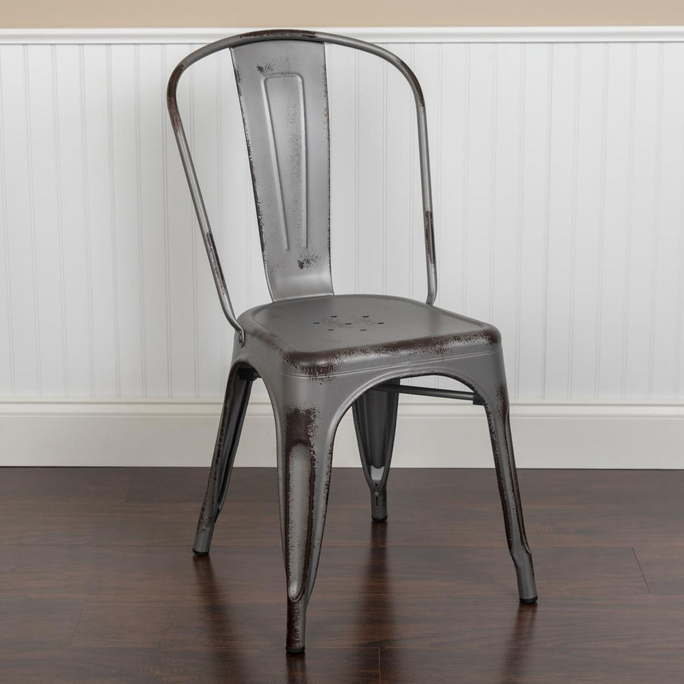 Commercial Grade Distressed Silver Gray Metal Indoor-Outdoor Stackable Chair By Flash Furniture | Bar Stools | Modishstore - 2