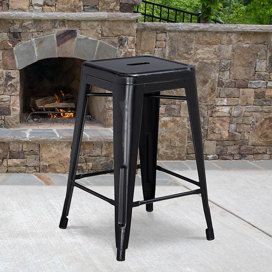 Commercial Grade 24" High Backless Distressed Black Metal Indoor-Outdoor Counter Height Stool By Flash Furniture | Bar Stools | Modishstore