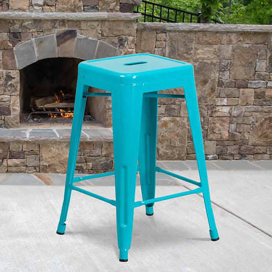 Commercial Grade 24" High Backless Crystal Teal-Blue Indoor-Outdoor Counter Height Stool By Flash Furniture | Bar Stools | Modishstore