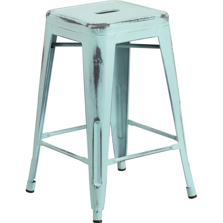 Commercial Grade 24" High Backless Distressed Green-Blue Metal Indoor-Outdoor Counter Height Stool By Flash Furniture | Bar Stools | Modishstore - 2