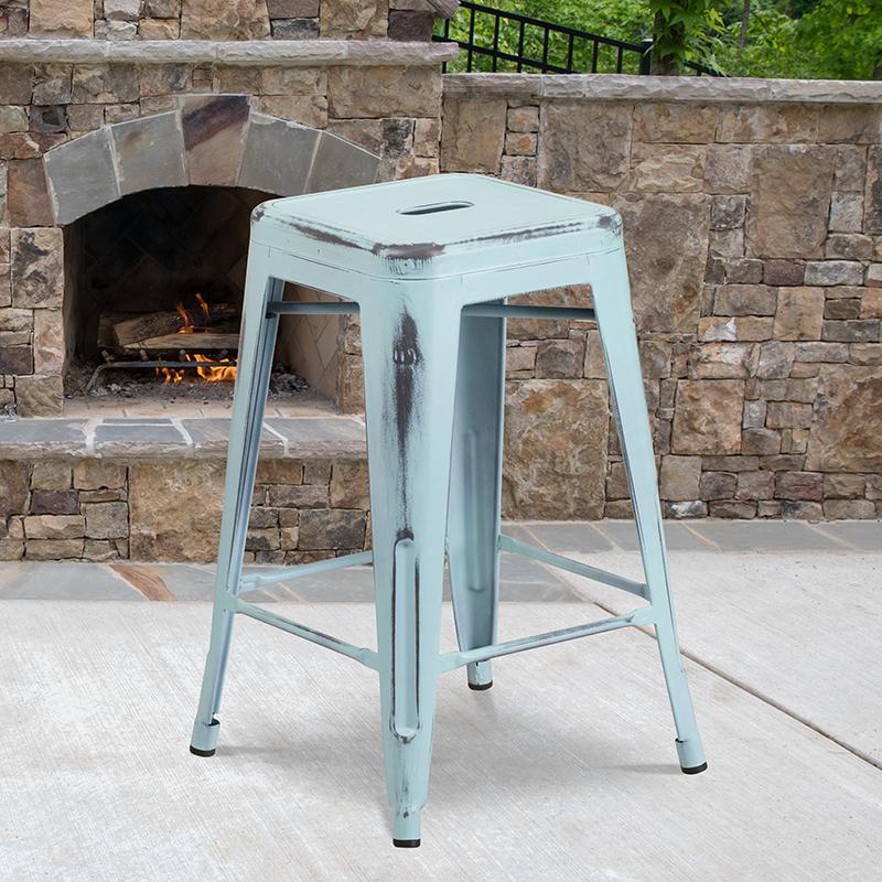 Commercial Grade 24" High Backless Distressed Green-Blue Metal Indoor-Outdoor Counter Height Stool By Flash Furniture | Bar Stools | Modishstore