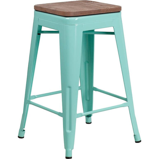 24" High Backless Mint Green Counter Height Stool With Square Wood Seat By Flash Furniture | Bar Stools | Modishstore - 2
