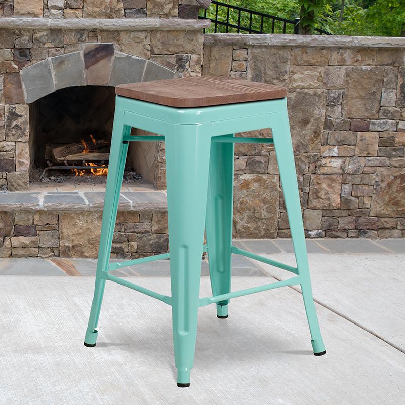 24" High Backless Mint Green Counter Height Stool With Square Wood Seat By Flash Furniture | Bar Stools | Modishstore - 2