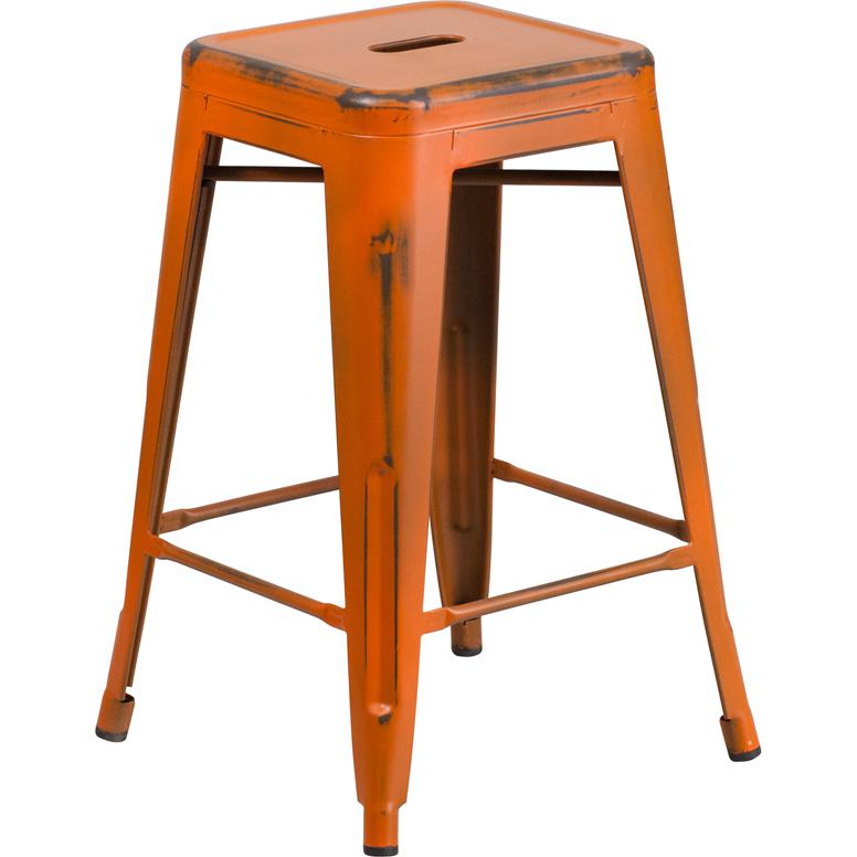 Commercial Grade 24" High Backless Distressed Orange Metal Indoor-Outdoor Counter Height Stool By Flash Furniture | Bar Stools | Modishstore - 2