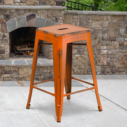 Commercial Grade 24" High Backless Distressed Orange Metal Indoor-Outdoor Counter Height Stool By Flash Furniture | Bar Stools | Modishstore