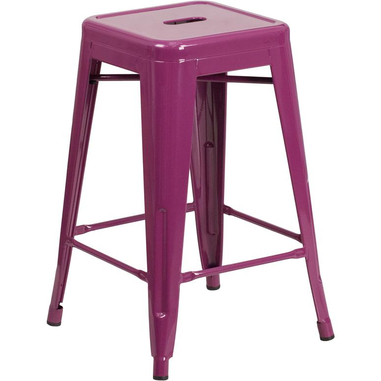 Commercial Grade 24" High Backless Purple Indoor-Outdoor Counter Height Stool By Flash Furniture | Bar Stools | Modishstore - 2