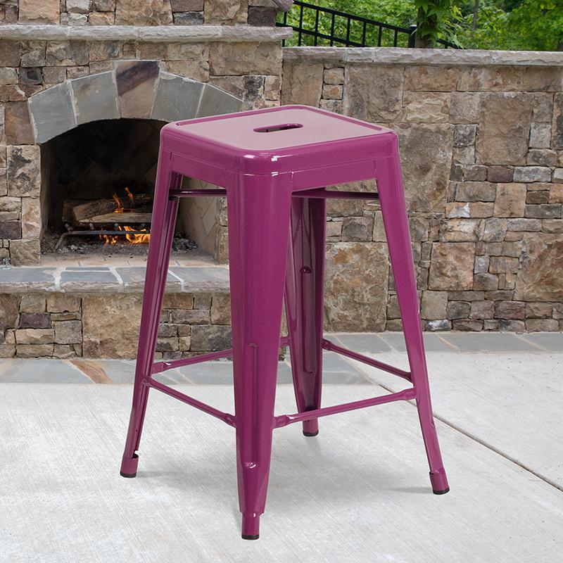 Commercial Grade 24" High Backless Purple Indoor-Outdoor Counter Height Stool By Flash Furniture | Bar Stools | Modishstore