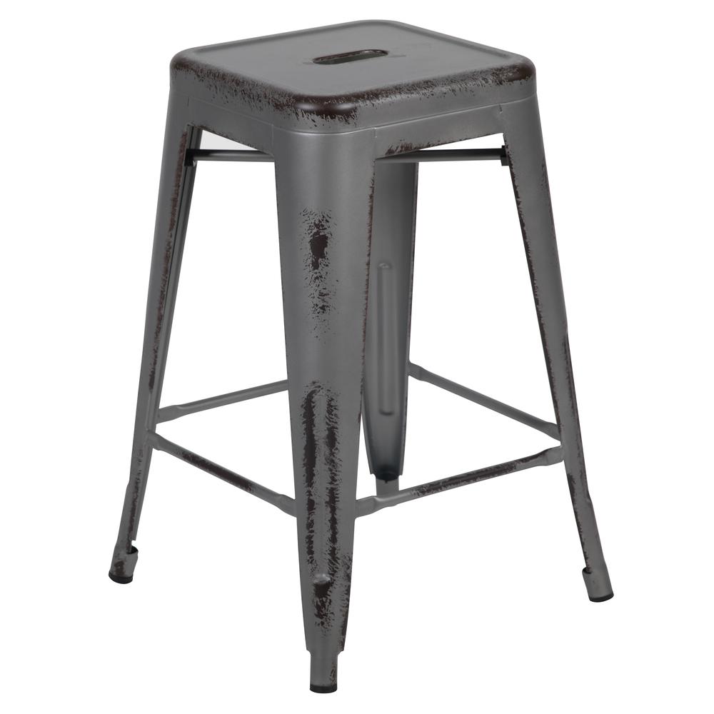 Commercial Grade 24" High Backless Distressed Silver Gray Metal Indoor-Outdoor Counter Height Stool By Flash Furniture | Bar Stools | Modishstore - 1