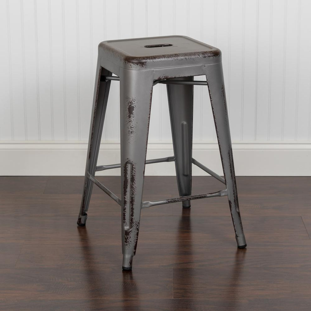 Commercial Grade 24" High Backless Distressed Silver Gray Metal Indoor-Outdoor Counter Height Stool By Flash Furniture | Bar Stools | Modishstore - 2