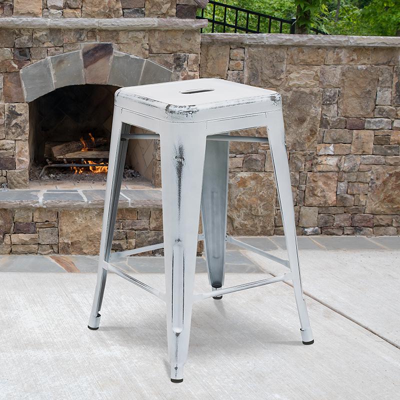 Commercial Grade 24" High Backless Distressed White Metal Indoor-Outdoor Counter Height Stool By Flash Furniture | Bar Stools | Modishstore - 1