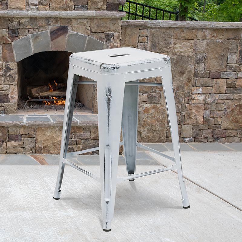 Commercial Grade 24" High Backless Distressed White Metal Indoor-Outdoor Counter Height Stool By Flash Furniture | Bar Stools | Modishstore