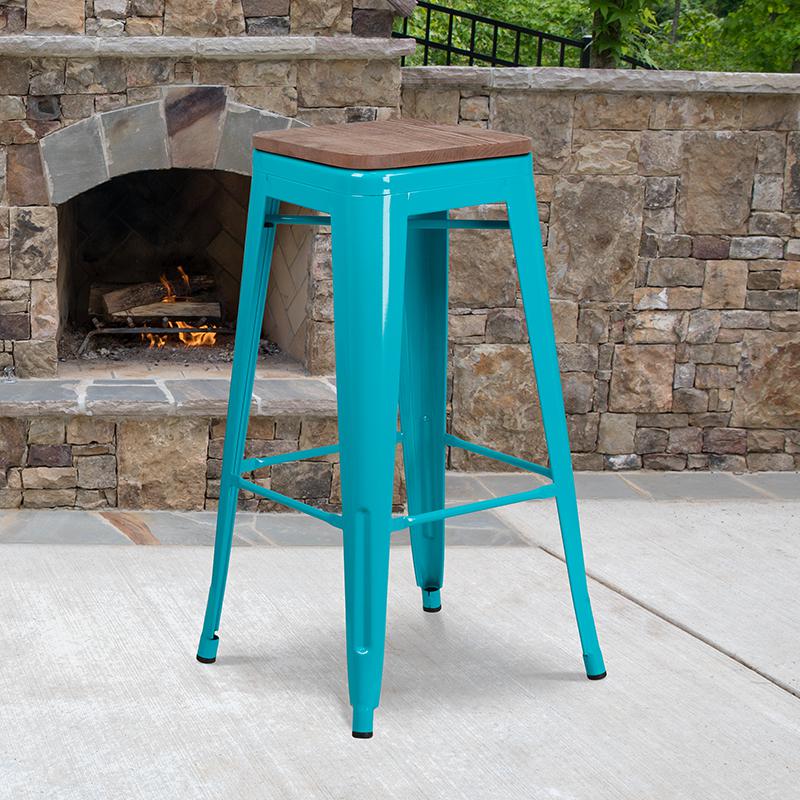 30" High Backless Crystal Teal-Blue Barstool With Square Wood Seat By Flash Furniture | Bar Stools | Modishstore - 1
