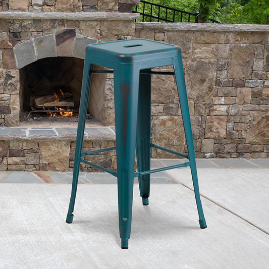 Commercial Grade 30" High Backless Distressed Kelly Blue-Teal Metal Indoor-Outdoor Barstool By Flash Furniture | Bar Stools | Modishstore