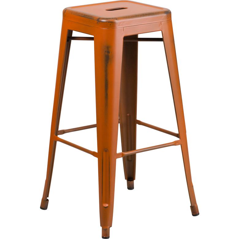 Commercial Grade 30" High Backless Distressed Orange Metal Indoor-Outdoor Barstool By Flash Furniture | Bar Stools | Modishstore - 2