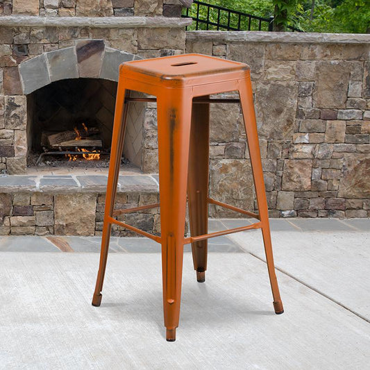 Commercial Grade 30" High Backless Distressed Orange Metal Indoor-Outdoor Barstool By Flash Furniture | Bar Stools | Modishstore - 1