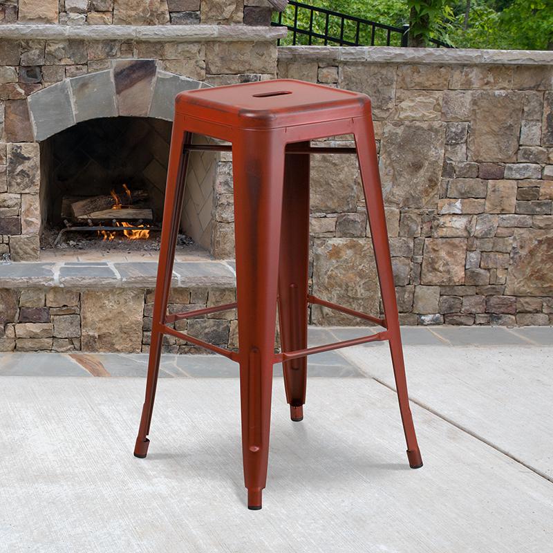 Commercial Grade 30" High Backless Distressed Kelly Red Metal Indoor-Outdoor Barstool By Flash Furniture | Bar Stools | Modishstore - 1