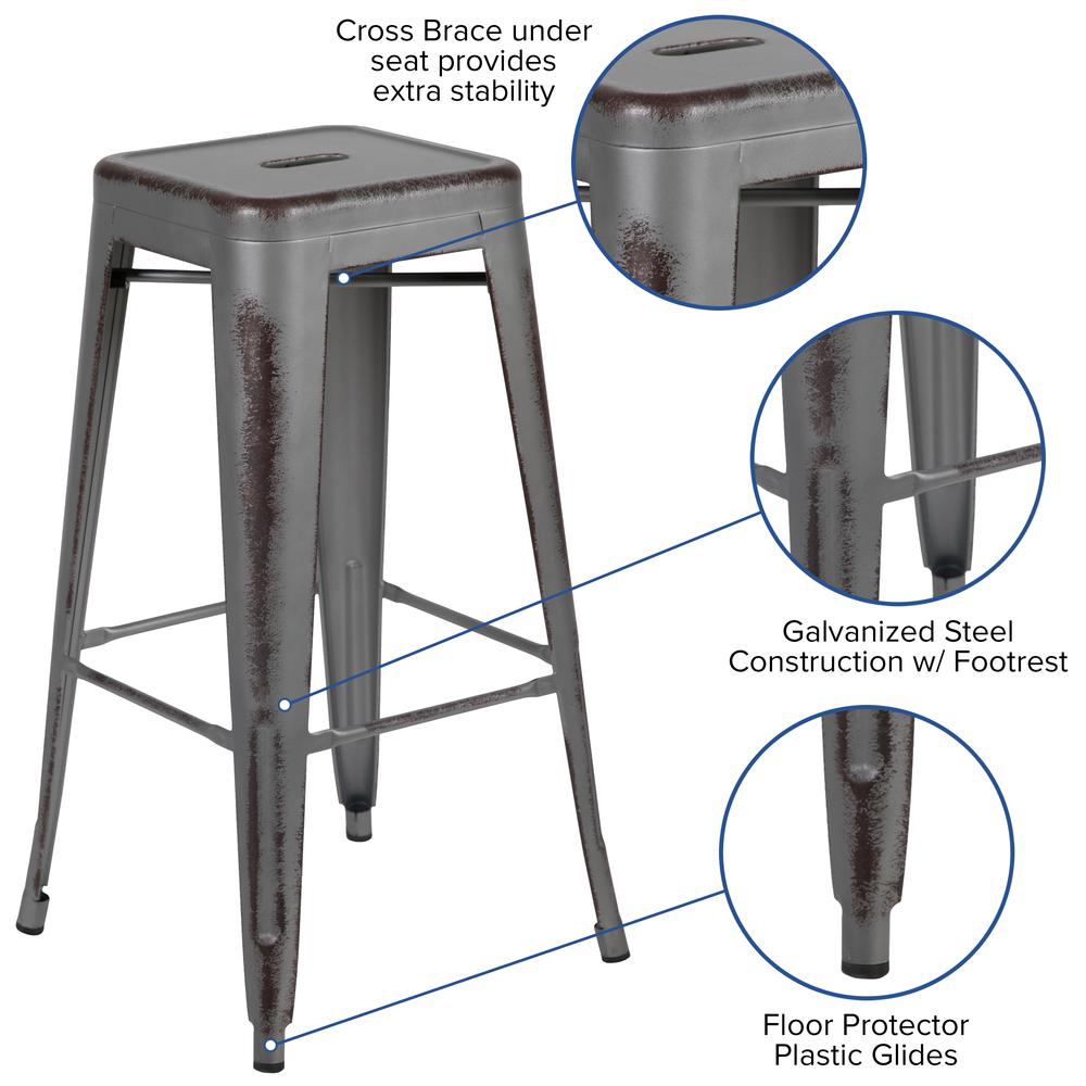 Commercial Grade 30" High Backless Distressed Silver Gray Metal Indoor-Outdoor Barstool By Flash Furniture | Bar Stools | Modishstore - 3