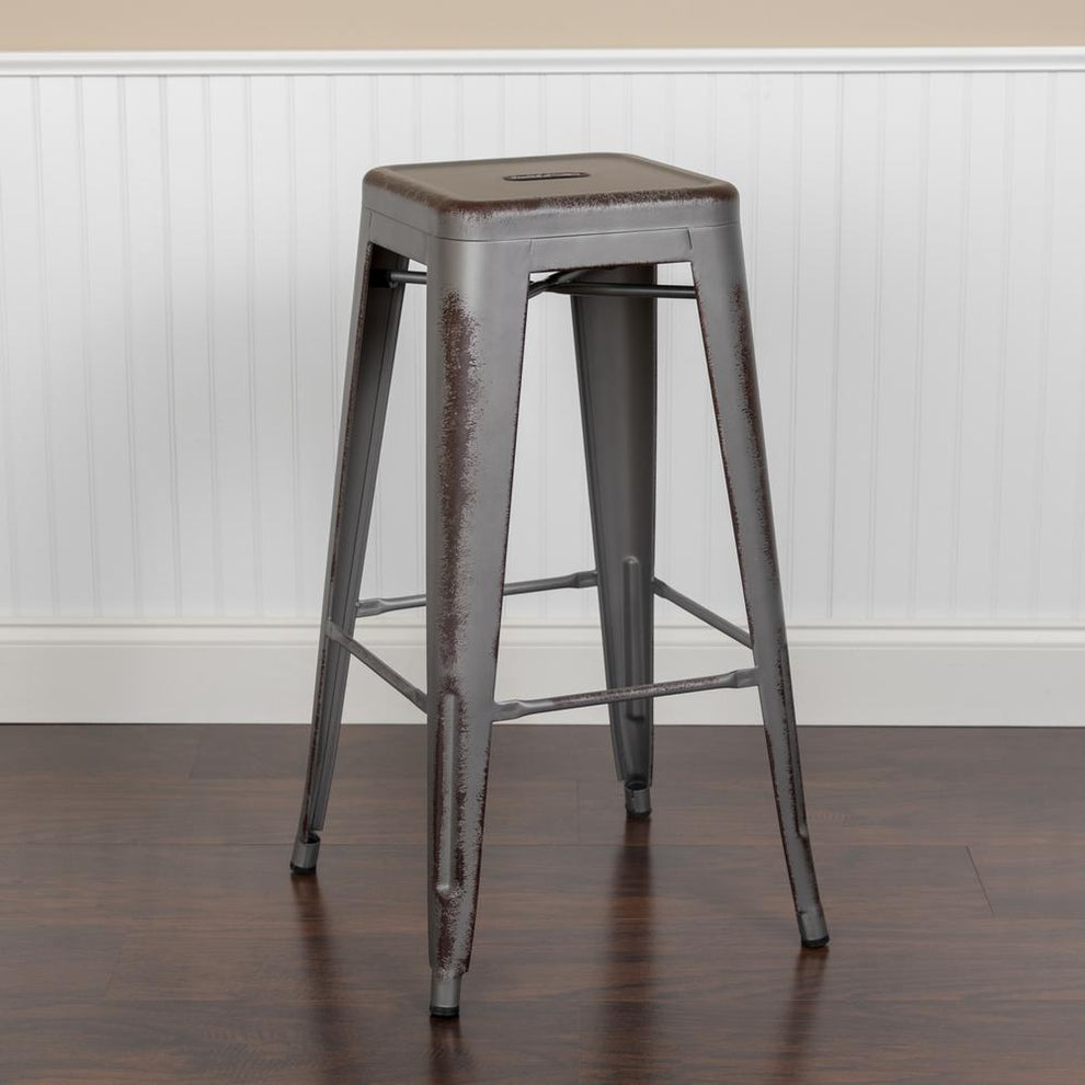Commercial Grade 30" High Backless Distressed Silver Gray Metal Indoor-Outdoor Barstool By Flash Furniture | Bar Stools | Modishstore - 2