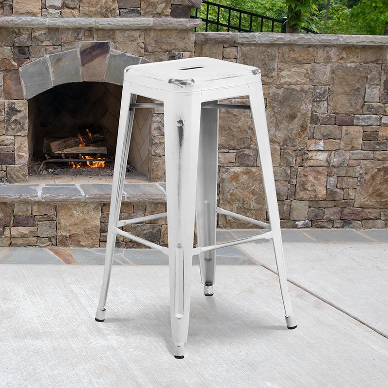 Commercial Grade 30" High Backless Distressed White Metal Indoor-Outdoor Barstool By Flash Furniture | Bar Stools | Modishstore